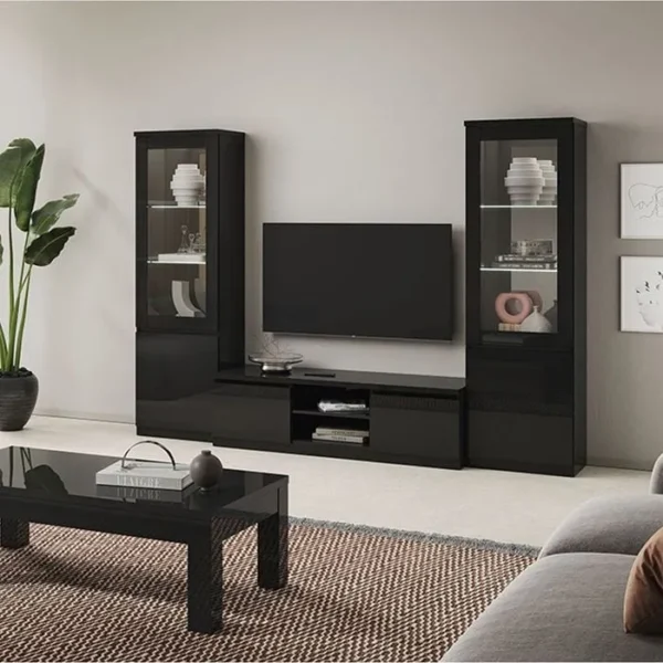 ALTOBUY Meuble TV 2 Portes Laqué Noir Brillant - Deyton