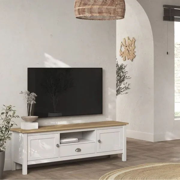 ALTOBUY Meuble TV 2 Portes 1 Tiroirs En Pin Massif Naturel Et Blanc - Basco