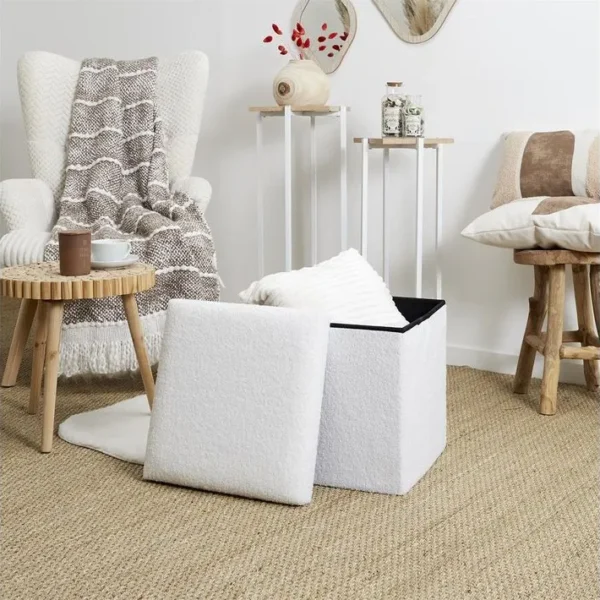 Coffre Pouf Pliable Blanc Tissu Bouclettes - Floki