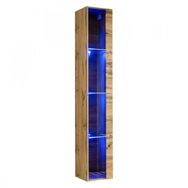 Vitrine Suspendue Coloris Chêne Wotan Avec 1 Porte Vitrée Et Éclairage LED Inclus