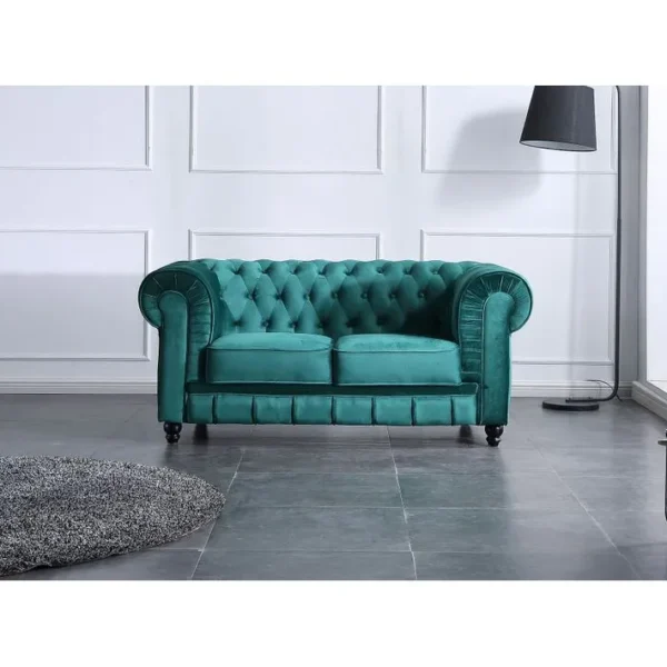 Canapé 2 Places En Velours Coloris Vert - Longueur 166 X Profondeur 84 X Hauteur 75 Cm