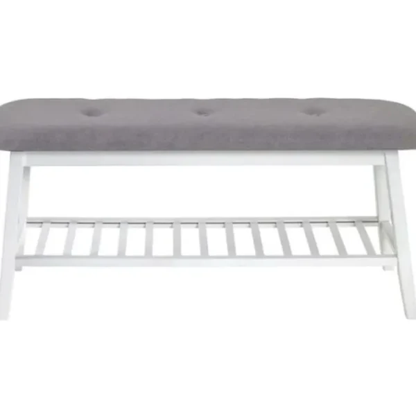 Banc En Bambou Laqué Blanc Et Tissu Coloris Gris - Longueur 100 X Hauteur 44 X Profondeur 30 Cm