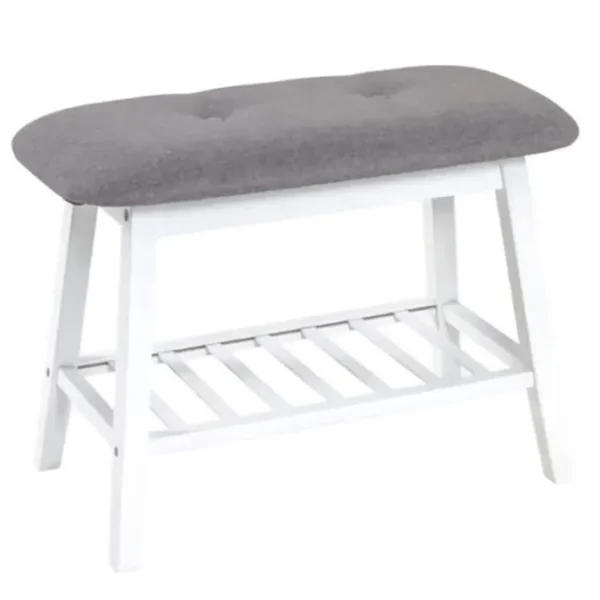 Banc En Bambou Laqué Blanc Et Tissu Coloris Gris - Longueur 60 X Hauteur 44 X Profondeur 30 Cm