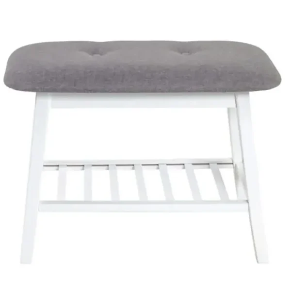 Banc En Bambou Laqué Blanc Et Tissu Coloris Gris - Longueur 60 X Hauteur 44 X Profondeur 30 Cm