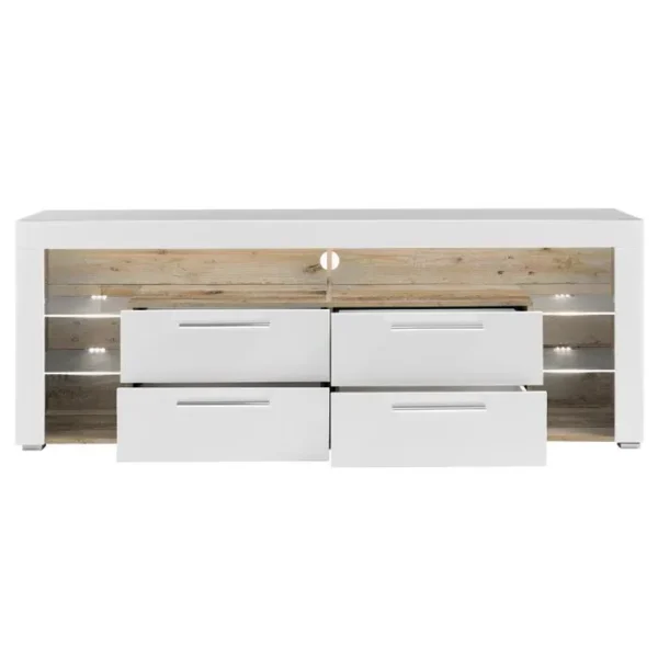 PEGANE Meuble TV En Mdf Coloris Blanc Brillant, Bois Vieilli - L. 179 X H. 66 X P. 44 Cm