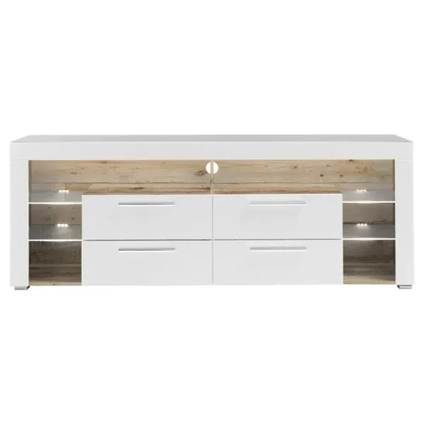 PEGANE Meuble TV En Mdf Coloris Blanc Brillant, Bois Vieilli - L. 179 X H. 66 X P. 44 Cm