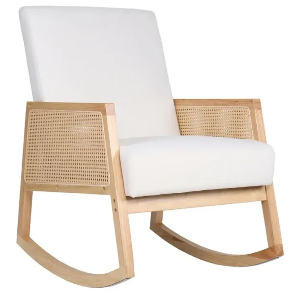 Fauteuil À Bascule, Chaise Berçante Rembourrée En Microfibre Crème/bois Naturel