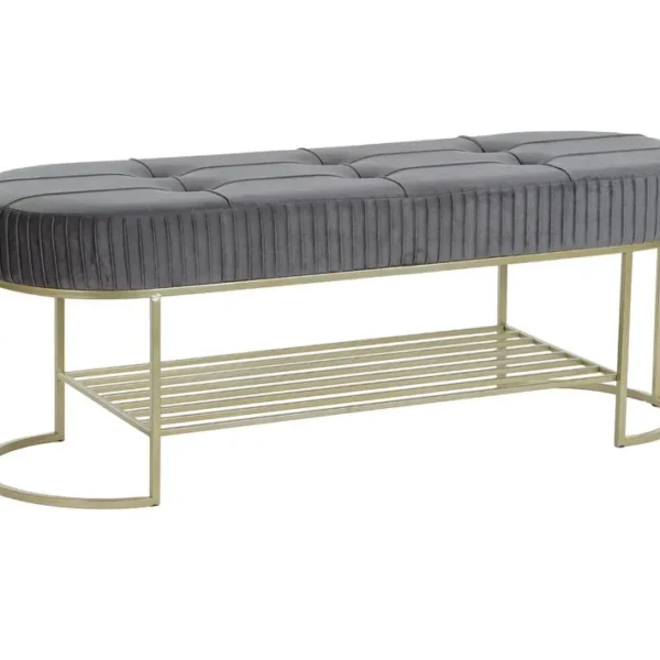 Banquette Rectangulaire En Polyester Gris Et Métal Doré - L. 120 X P. 40 X H. 45 Cm