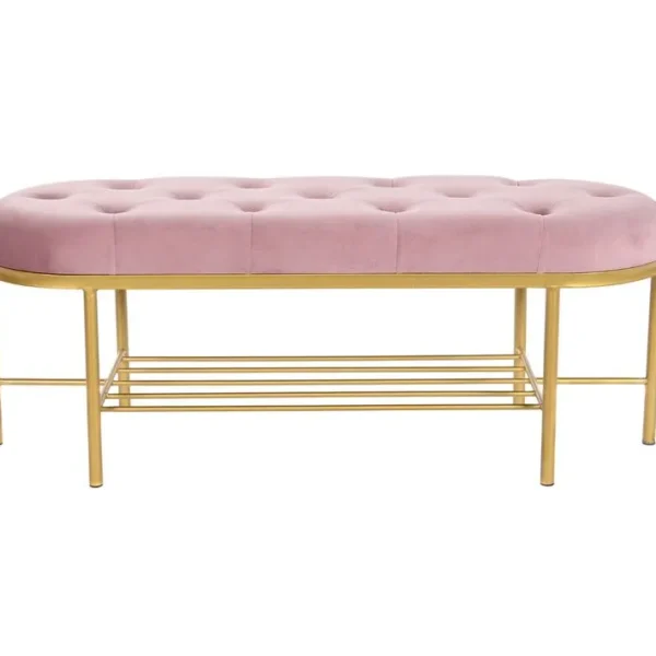 Banquette Rectangulaire En Polyester Rose Et Métal Doré - L. 100 X P. 35 X H. 40 Cm