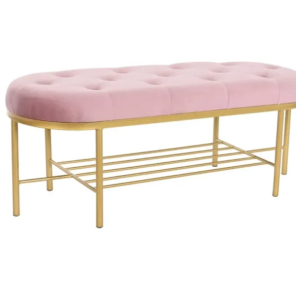 Banquette Rectangulaire En Polyester Rose Et Métal Doré - L. 100 X P. 35 X H. 40 Cm