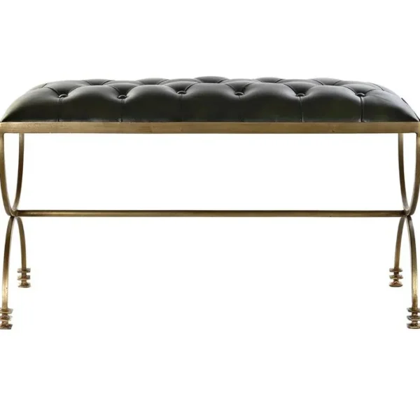 Banquette En Métal Doré Et Cuir Vert - Longueur 90 X Profondeur 38 X Hauteur 52 Cm