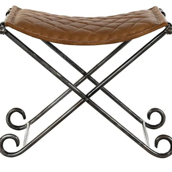 Banc En Cuir Marron Et Métal Coloris Noir - Longueur 53 X Profondeur 45 X Hauteur 44 Cm