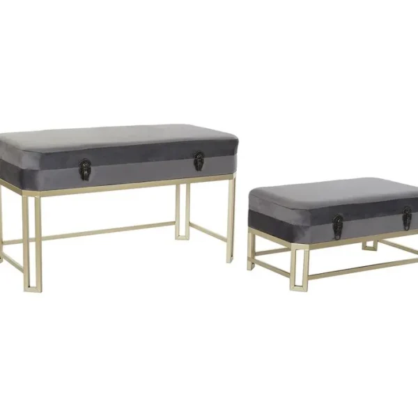 Set De 2 Bancs En Velours Gris Et Métal Doré