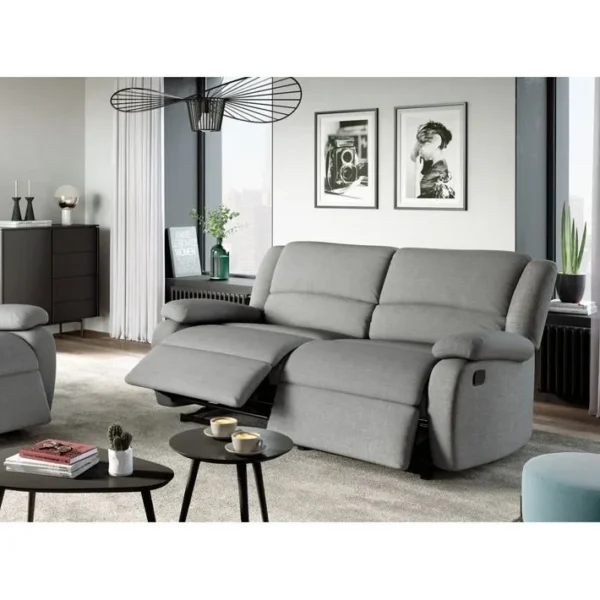 Relaxxo - Canapé Relax Manuel 3 Places Avec 2 Assises XXL Leo En Tissu - Gris Clair