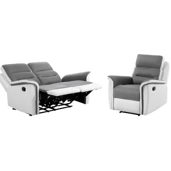 Relaxxo - Ensemble Canapé Relax Léon 2 Places + Fauteuil Manuel En Microfibre Et Simili Gris/blanc