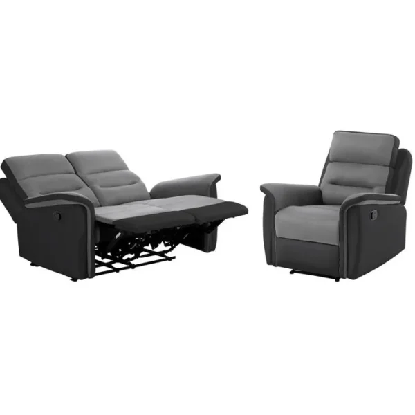 Relaxxo - Ensemble Canapé Relax Léon 2 Places + Fauteuil Manuel En Microfibre Et Simili Gris/noir