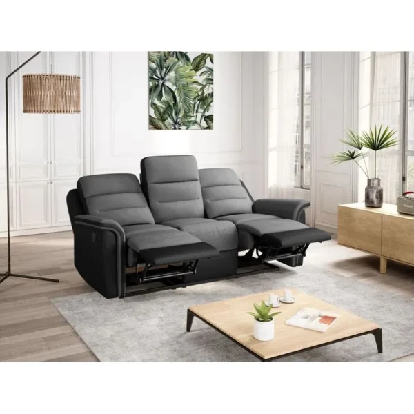 Relaxxo - Ensemble Canapé Relax Manuel Léon 3 Pl + Fauteuil Manuel En Microfibre Et Simili Gris/noir