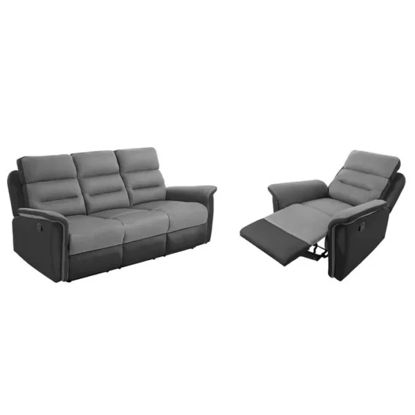 Relaxxo - Ensemble Canapé Relax Manuel Léon 3 Pl + Fauteuil Manuel En Microfibre Et Simili Gris/noir