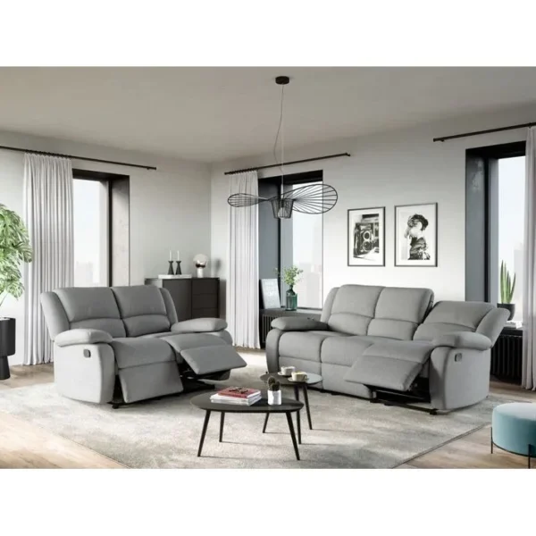 Relaxxo - Ensemble Canapés Relax Manuels Leo 3 + 2 Places En Tissu - Gris Clair