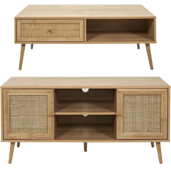 Set Meuble TV En Bois 2 Portes Et Table Basse 1 Tiroir Bali