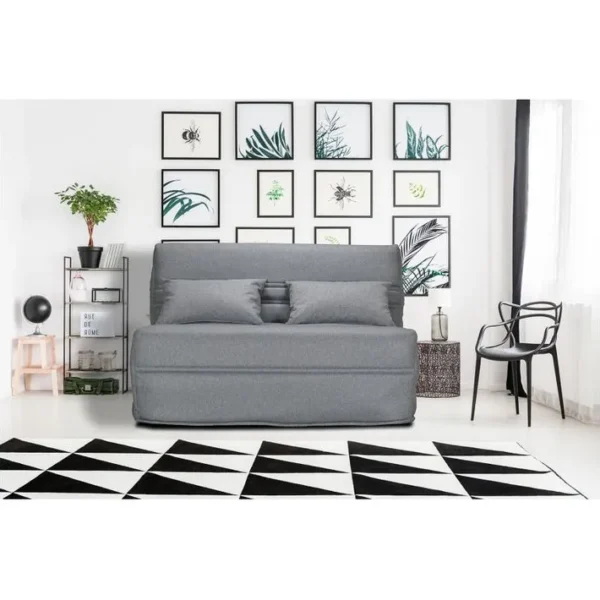 Banquette Lit BZ 140x200 Cm En Tissu Gris Et Matelas 15 Cm - Anatole