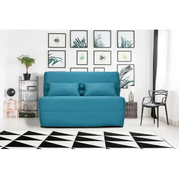 Banquette Lit BZ 140x200 Cm En Tissu Bleu Et Matelas 15 Cm - Anatole