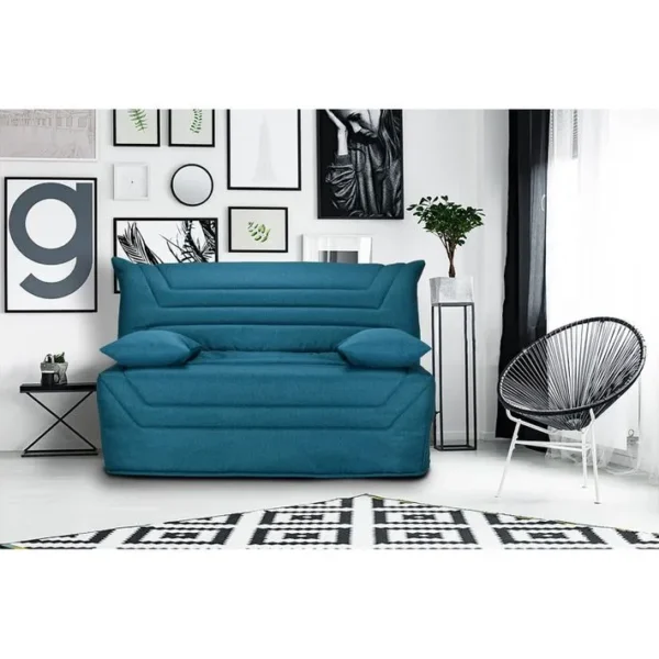 Banquette Lit BZ 140x190 Cm En Tissu Bleu Et Matelas 12 Cm - Cyriac