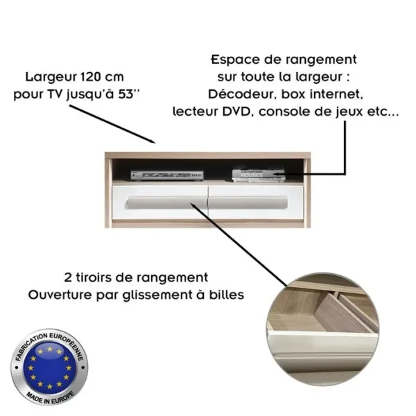 Roma Meuble TV 2 Tiroirs Coulissants 120x53 Cm