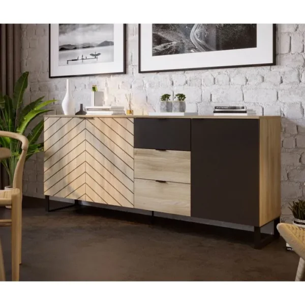 Auxane - Buffet Bas - Bois Et Noir - 200 Cm - Style Contemporain