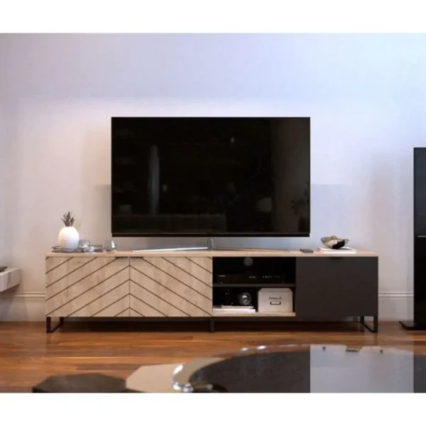 Auxane - Meuble TV - Bois Et Noir - 200 Cm - Style Contemporain