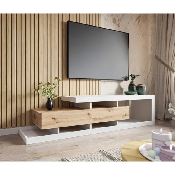 Olga - Meuble TV - Bois Et Blanc - 198 Cm - Style Scandinave