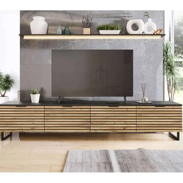 Olympie - Meuble TV - Bois Et Noir - 200 Cm