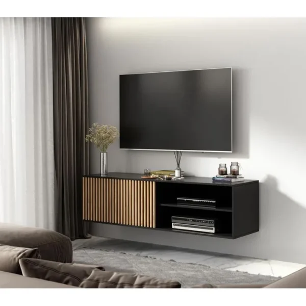 Savanna - Meuble TV Suspendu - Bois Et Noir - 150 Cm