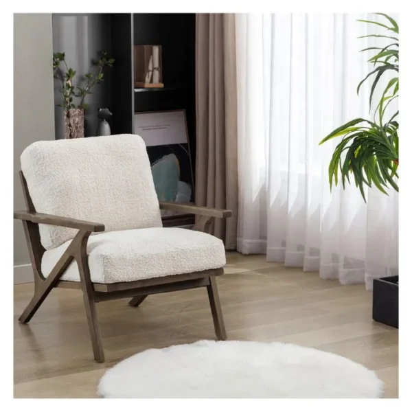 Alan - Fauteuil Lounge En Tissu Bouclette Écru Et  Bois Patiné