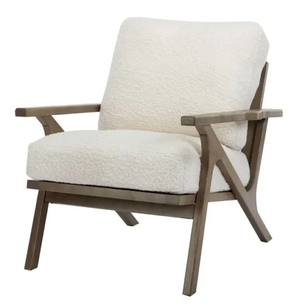 Alan - Fauteuil Lounge En Tissu Bouclette Écru Et  Bois Patiné