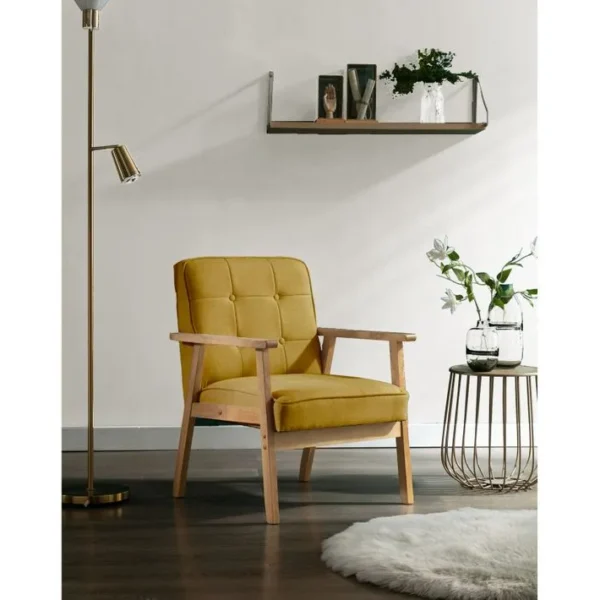 Douglas - Fauteuil Lounge En Tissu Moutarde Et Bois Massif