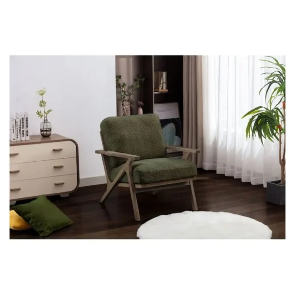 Alan - Fauteuil Lounge En Tissu Bouclette Army Et Bois Patiné