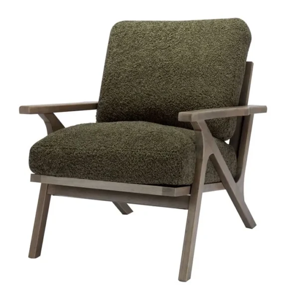 Alan - Fauteuil Lounge En Tissu Bouclette Army Et Bois Patiné