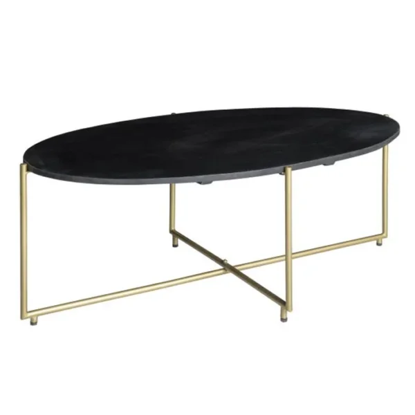 Brass-table Basse Ovale 110x40, Bois De Manguier Massif Noir Et Laiton