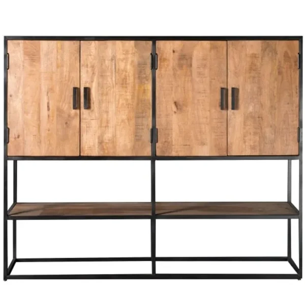 Anglet-buffet Haut 4 Portes L160cm, Bois De Manguier Massif Et Métal