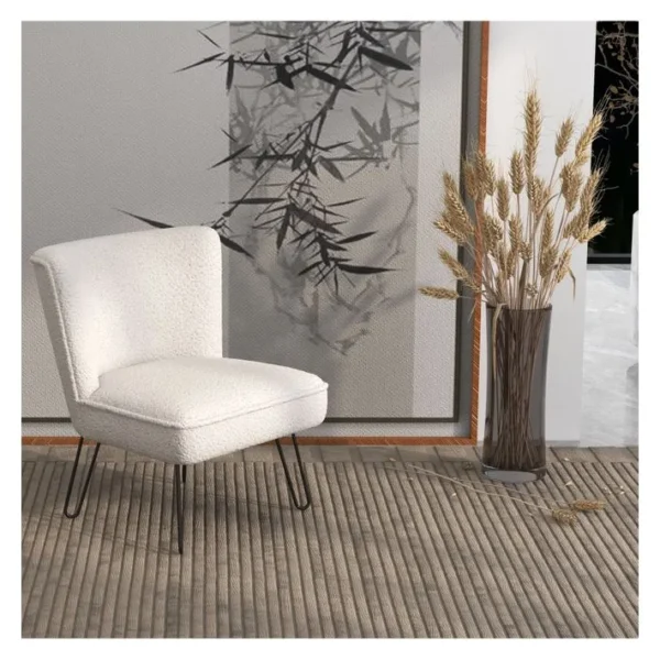 Clark-fauteuil Lounge En Tissu Bouclette Ecru Et Pieds Métal Noir