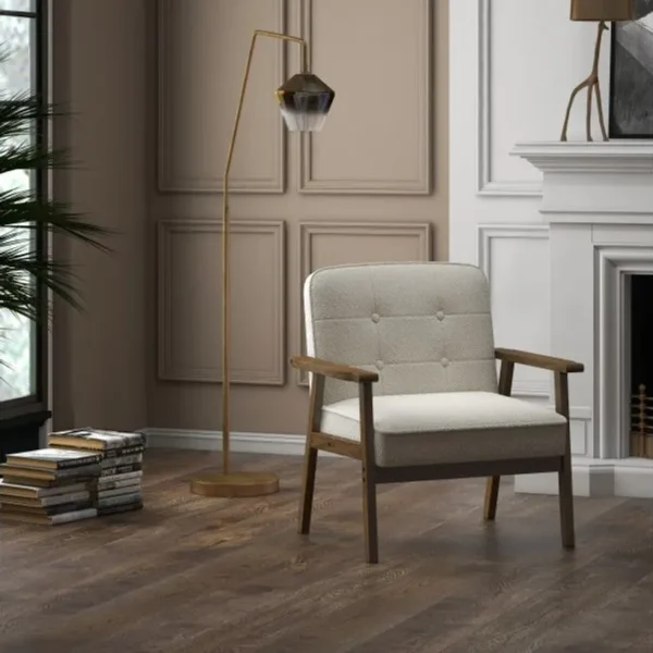 Douglas-fauteuil Bouclette Blanc Cassé Et Pieds Bois Teinté Noyer