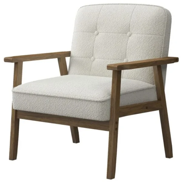 Douglas-fauteuil Bouclette Blanc Cassé Et Pieds Bois Teinté Noyer