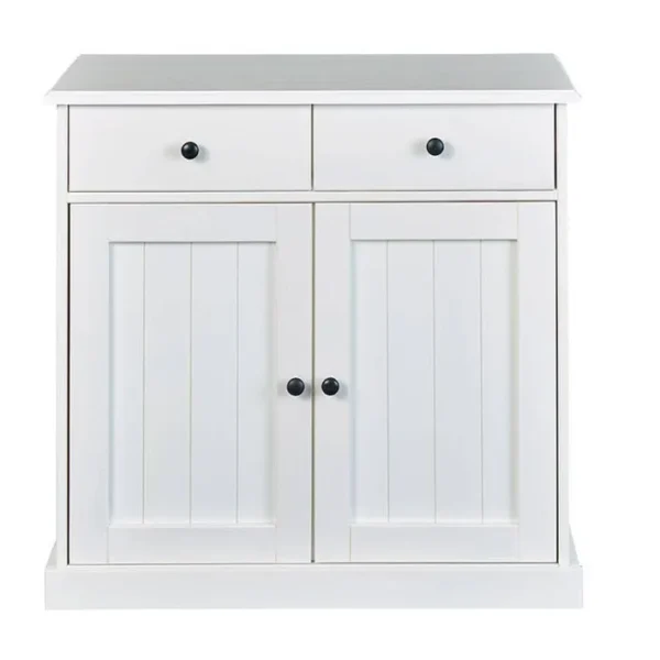 Bahut 2 Portes 2 Tiroirs En Bois Massif Laqué Blanc - Dim : L90 X H86 X P45 Cm