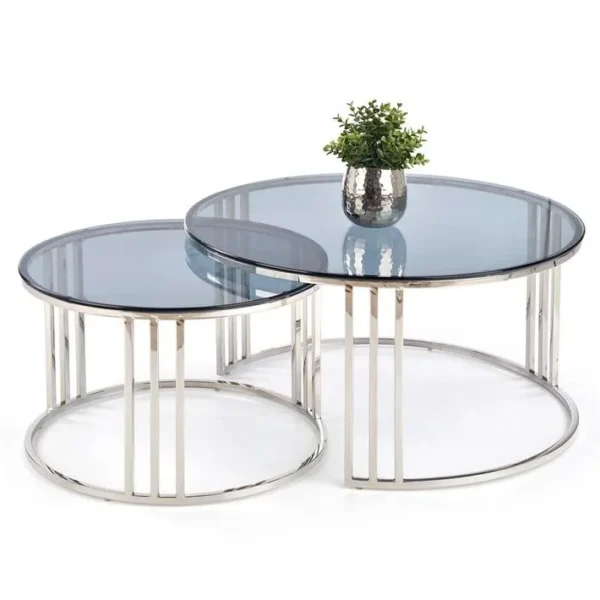 Ensemble De Deux Tables Basses Gigognes Rondes Avec Plateaux En Verre Fumé Et Structure En Acier Chr