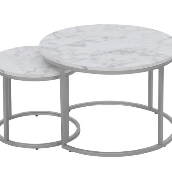 Ensemble De Deux Tables Basses Rondes Aspect Marbre Blanc Alicia