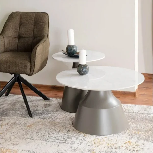 Ensemble De Deux Tables Basses Rondes Avec Plateau Aspect Marbre Blanc Pyxis