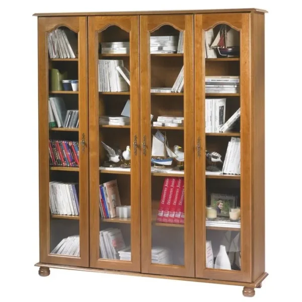 Vitrine Bibliothèque Chêne 4 Portes Vitrées 18 Niches L 158.8 H 182.2 P 33 Cm