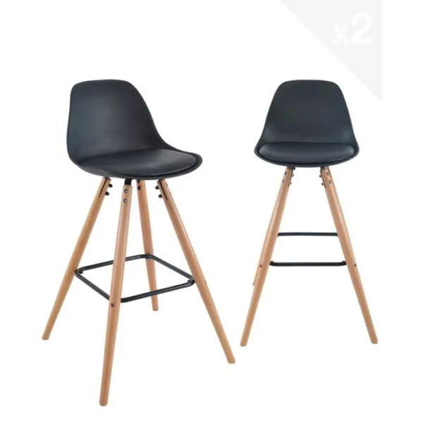 Lot 2 Tabourets De Bar Scandinaves 71cm Dossier Coussin Simili Pieds Bois SHUG (noir)