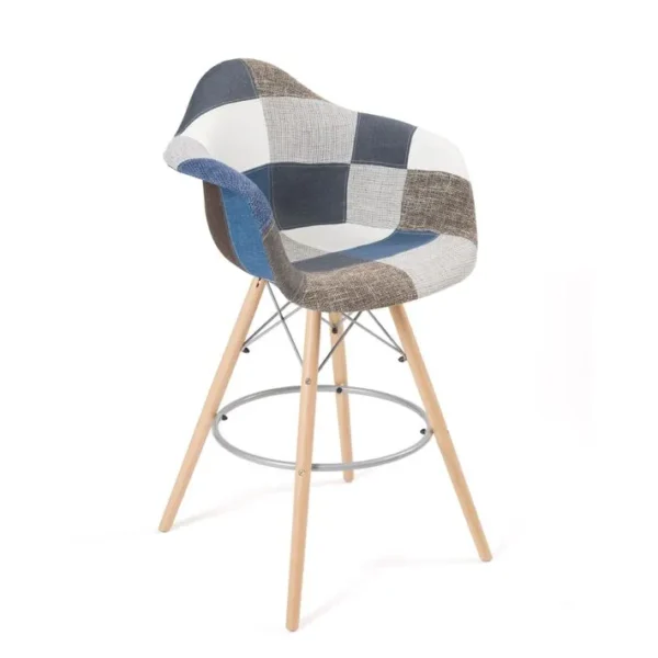 Chaise De Bar Scandinave Accoudoirs Siège Patchwork Tissu Rembourré Pieds Bois Clair TIBA (bleu)